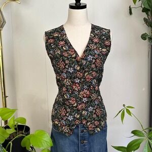 Vintage Bobbie Brooks Floral Tapestry Vest Medium Black Green Pink 90s Country